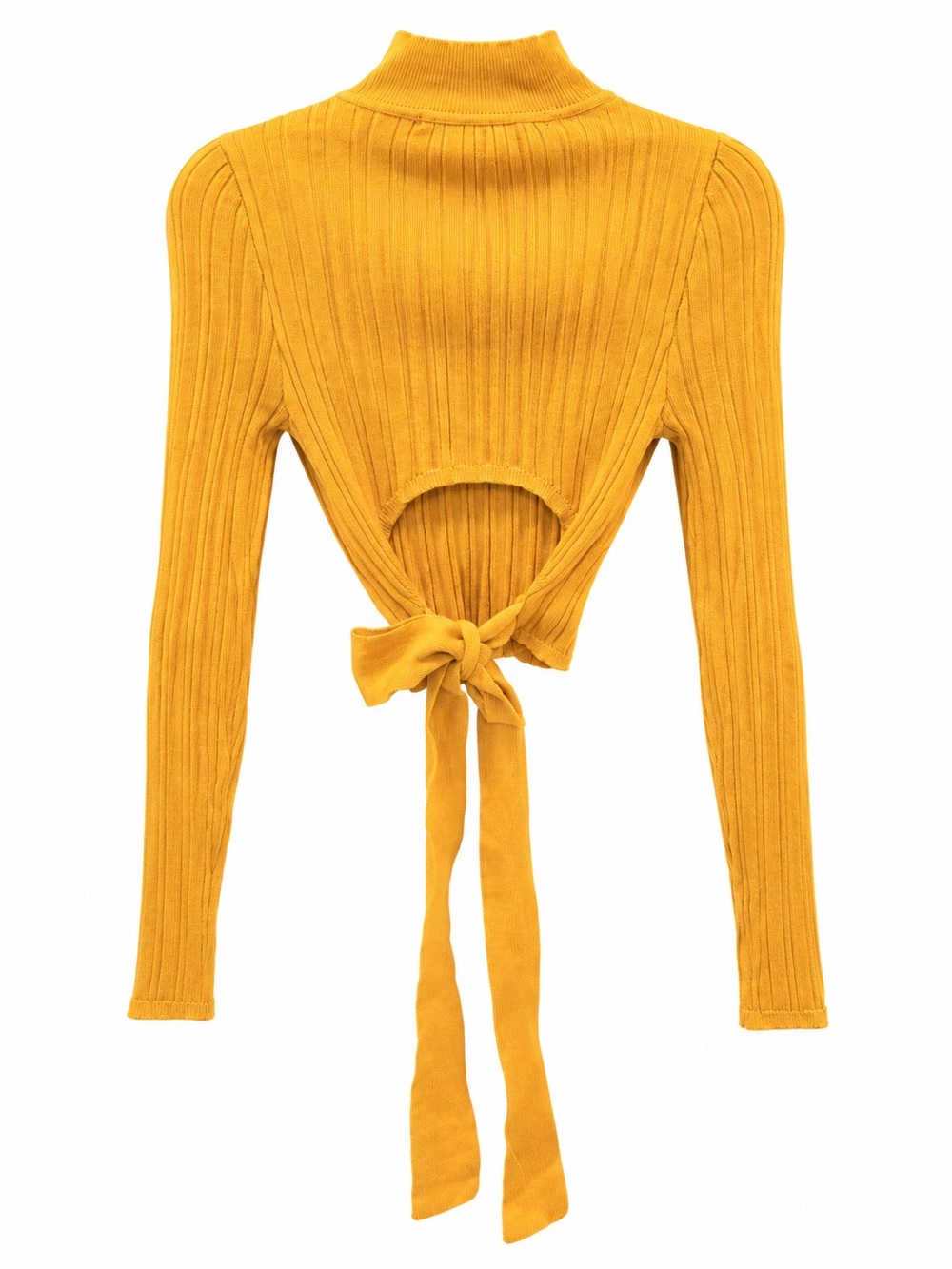 Roma Knit Mustard Yellow Ribbed Mock Neck Tie Back Crop Sweater M - Picture 5 of 7
